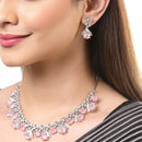 Rhodium Plated Triangle Cut Pink American Diamond Ethnic Necklace Jewellery Set