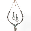 Rose Gold Plated Flower Motif Sea Green Ethnic AD Necklace Jewellery Set
