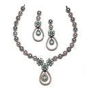 Rose Gold Plated Flower Motif Sea Green Ethnic AD Necklace Jewellery Set