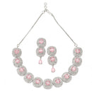 Rhodium Plated Stylish Cushion Cut Pink Ethnic AD Necklace Jewellery Set