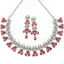 Rhodium Plated Crescent Arc Red American Diamond Ethnic Necklace Jewellery Set