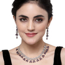 Rhodium Plated Crescent Arc Purple American Diamond Ethnic Necklace Jewellery Set