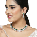 Rhodium Plated Triangle Motif Green American Diamond Ethnic Necklace Jewellery Set