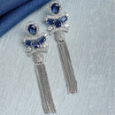 Rhodium Plated Chain Fringe American Diamond Contemporary Long Drop Earrings