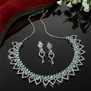 Rhodium Plated Floral Petal Sea Green American Diamond Ethnic Necklace Jewellery Set