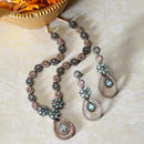 Rose Gold Plated Flower Motif Sea Green Ethnic AD Necklace Jewellery Set