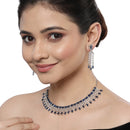 Rhodium Plated Emerald Cut Blue American Diamond Ethnic Necklace Jewellery Set