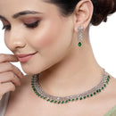 Rhodium Plated Teardrop Green Ethnic AD Necklace Jewellery Set