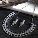 Rhodium Plated Triangle Motif Blue American Diamond Ethnic Necklace Jewellery Set