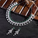 Rhodium Plated Triangle Motif Green American Diamond Ethnic Necklace Jewellery Set