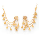 Gold Plated Circular Shape White Pearl Ethnic Ear Chain Earrings