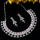 Rhodium Plated Triangle Motif Pink American Diamond Ethnic Necklace Jewellery Set