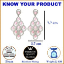 Rhodium Plated Leaf Pink AD Contemporary Long Drop Earrings
