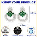 Rhodium Plated Circular American Diamond Contemporary Long Drop Earrings