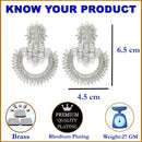 Rhodium Plated Circular American Diamond Contemporary Long Drop Earrings