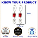 Rhodium Plated Geometric Shaped Red AD Contemporary Long Drop Earrings