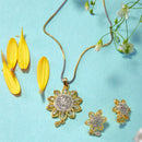 Gold Plated Sunflower White Cubic Zirconia Contemporary Pendant Set