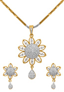 Gold Plated Sunflower White Cubic Zirconia Contemporary Pendant Set